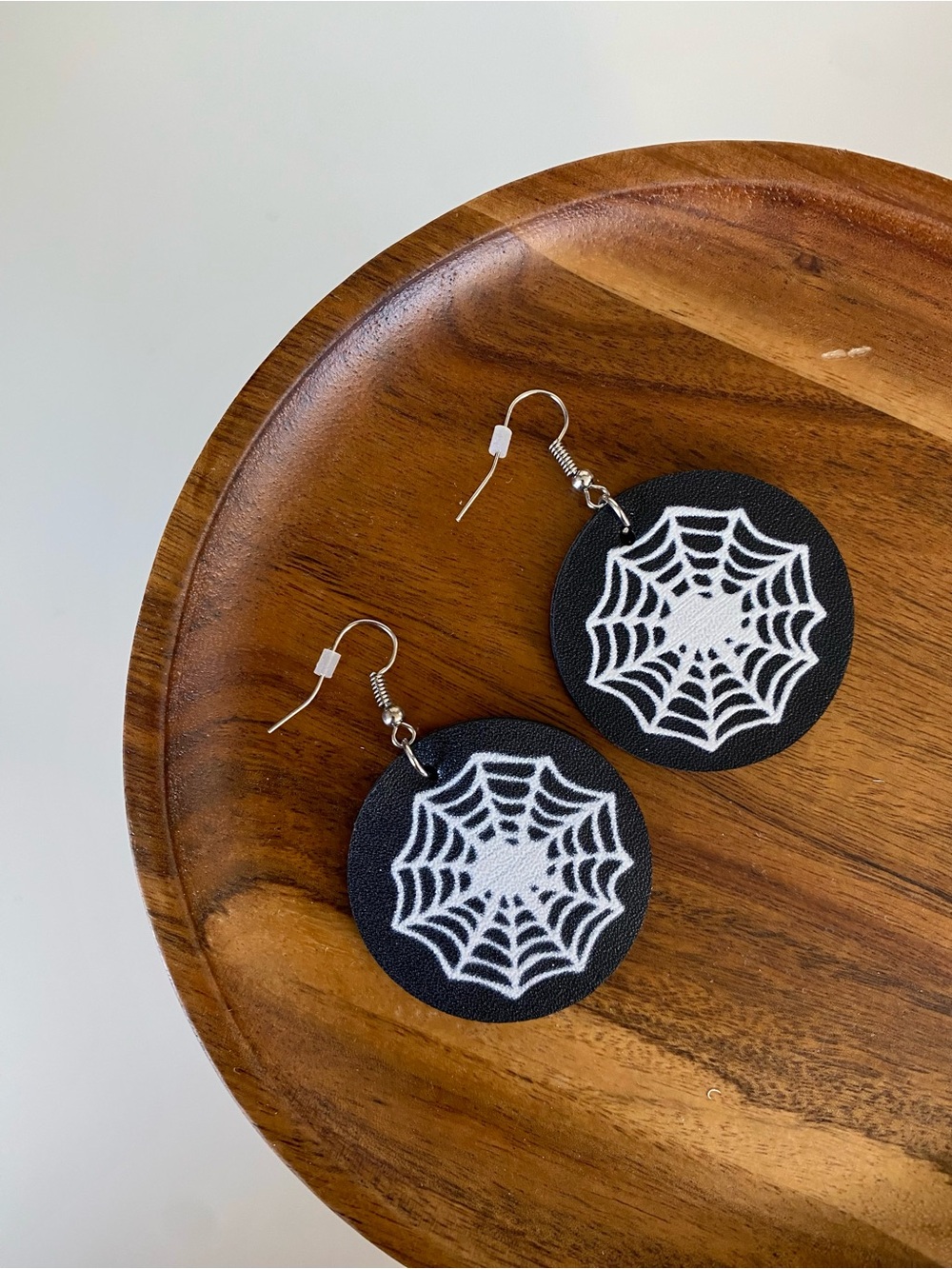 4/$15 Halloween Black Round Earrings with White Spiderweb Design